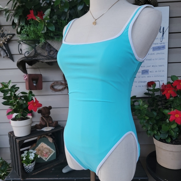 LA BLANCA ♡ Gorgeous Vintage 1pc Aqua Blue 'n White Trim Bralette Swimsuit 8 - Picture 12 of 15